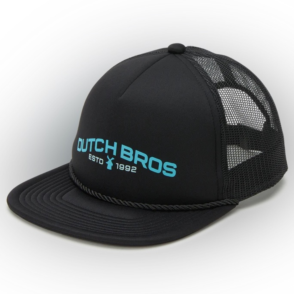 Dutch Bros Mesh Trucker Hat Black and Teal Adjustable